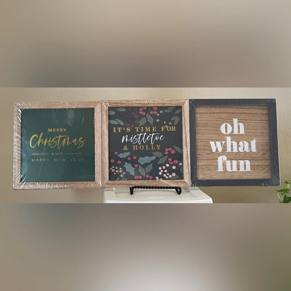 3 Square Wood Christmas Holiday Signs (Target Brand)